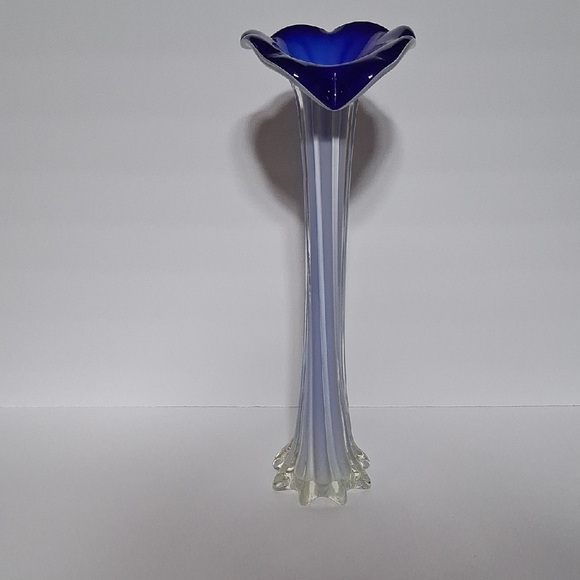 Vintage Jack In The Pulpit Cobalt Blue & White Glass Vase 15" Tall - Picture 1 of 4